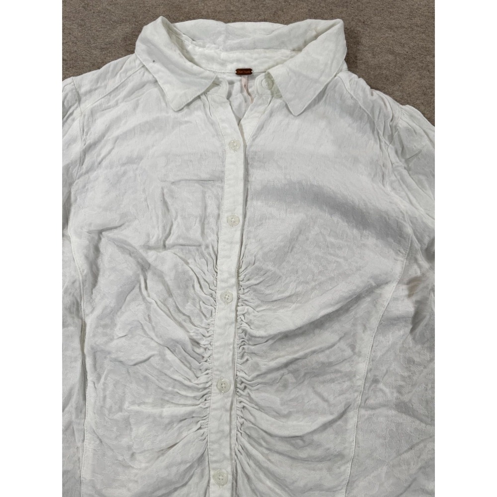 Free People White Textured Ruched Front Button Up Shirt Womens Medium OB1447794 - Picture 2 of 14